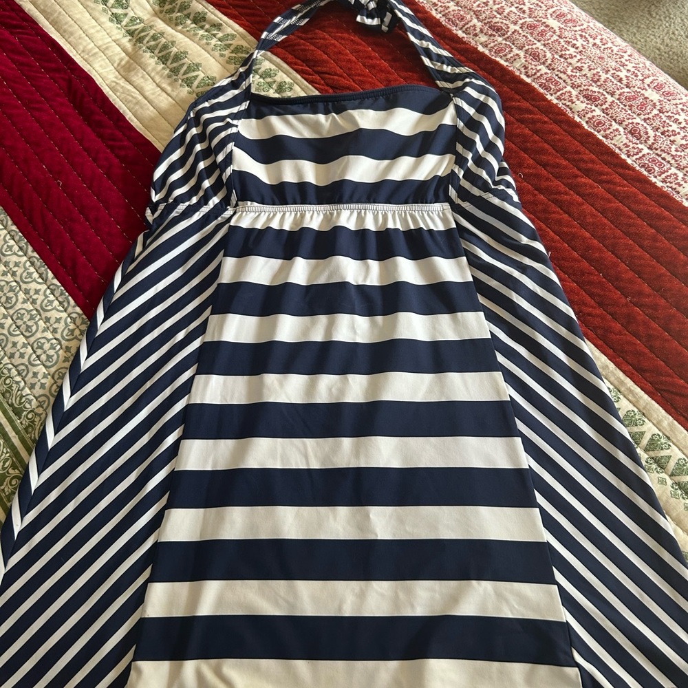 Lands' End Navy and White Striped Swim Dress